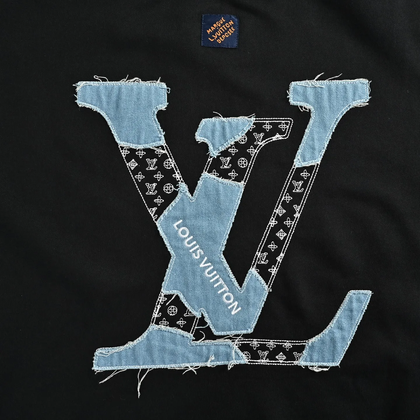 Louis Vuitton/Louis Vuitton denim patch letter embroidered crew neck sweatshirt